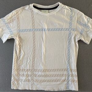 Fendi Kids White Tee with Blue and Tan Pattern size 6A